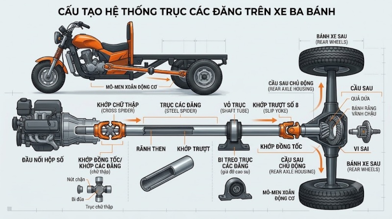 cấu tạo trục các đăng trên xe 3 bánh