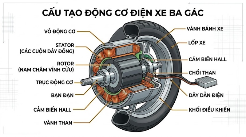 cấu tạo động cơ điện xe 3 gác